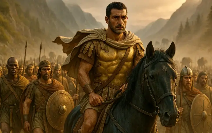 Kartaca komutanı Hannibal Barca’nın süvari öncülüğünde ordusuyla birlikte vadiler arasında ilerlediği sahne; zırhlı askerler, kalkanlı birlikler ve yoğun sefer atmosferi.